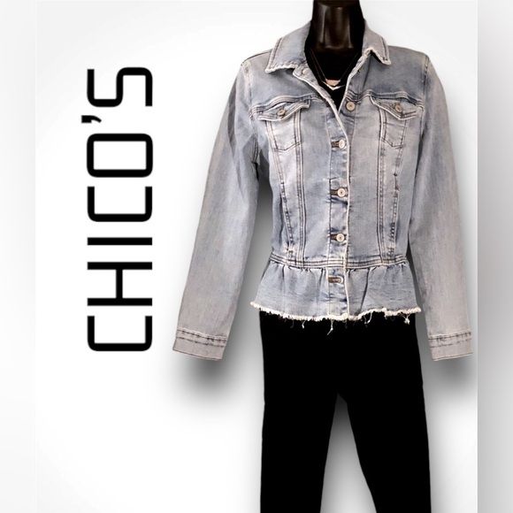 : : CHICO’S Peplum Denim Jacket w/ Ruffle Trim : : - Picture 1 of 16